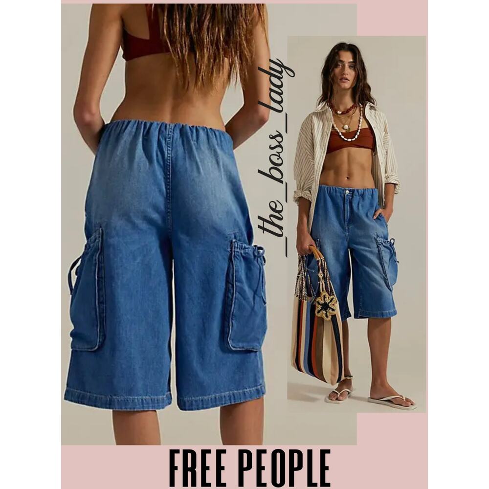 Free People Blue Denim Cargo Jean Shorts